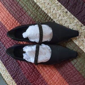 Vintage HUGO BOSS* satin rhinestone pointed toe Mary Jane style flats